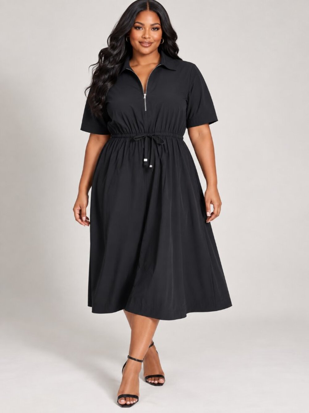 DKNY Cotton Midi Dress Zip Front Collared Drawstring Waist Size 14 NWT